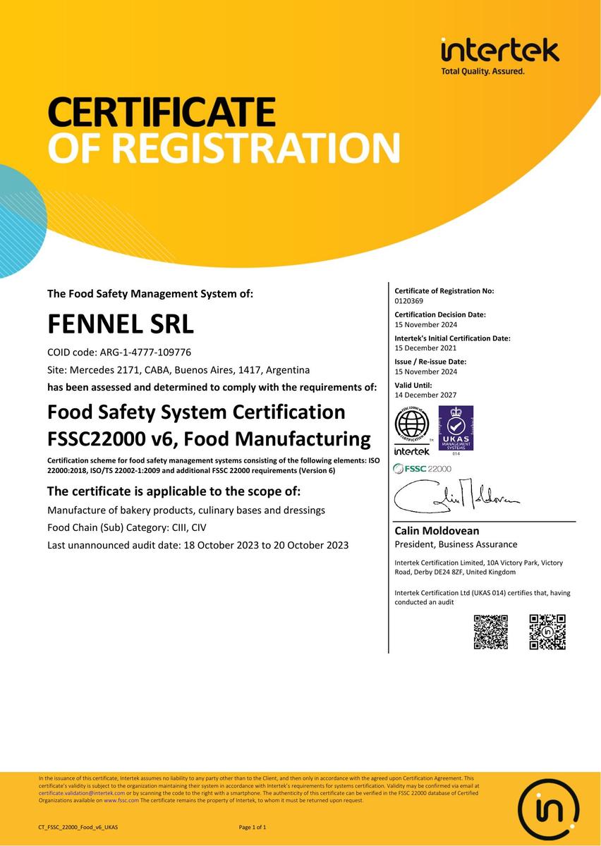 Certificado FSSC 22000 FENNEL SRL - Intertek